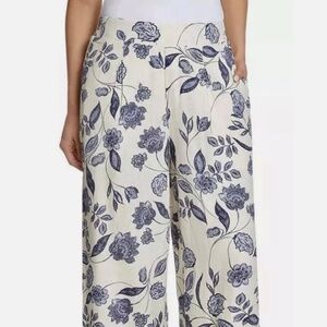 Ella Moss Linen Blend Pants Women's White Blue Floral Print Wide Leg Pull On NEW
